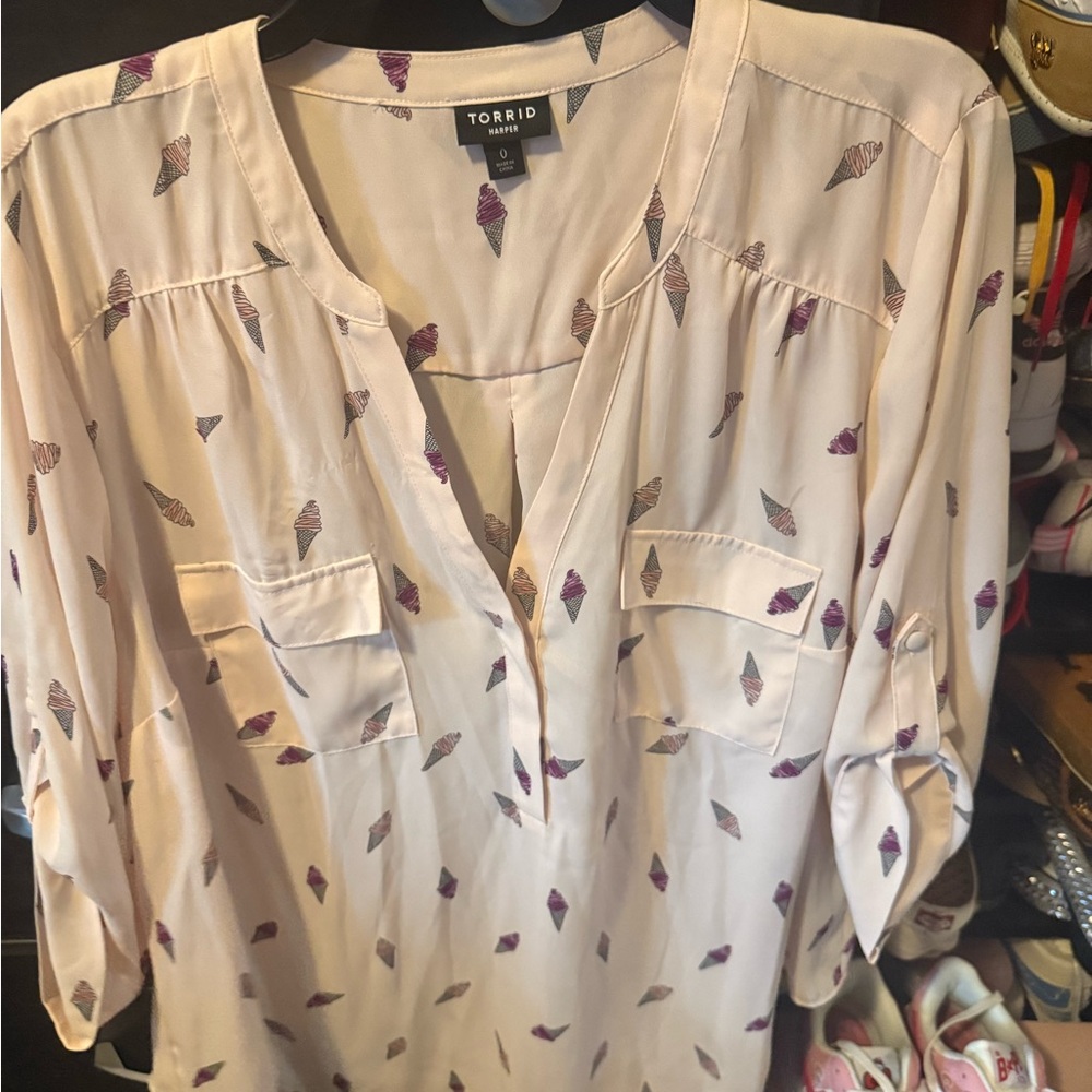 Torrid Cream Blouse with Purple Pattern